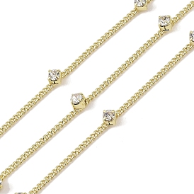 Brass Link Chains, with Rhinestone,  Real 18K Gold Plated, Soldered, with Spools, Long-Lasting Plated, Cadmium Free & Lead Free