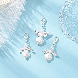3Pcs 3 Styles Angel Alloy & ABS Imitation Pearl Pendants Decorations, with Alloy Lobster Claw Clasps