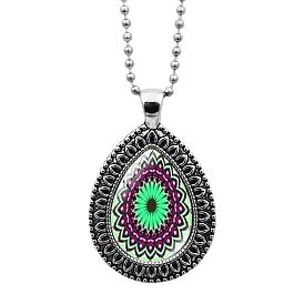 Larme de verre avec collier pendentif fleur de mandala avec chaînes à boules, bijoux en alliage de platine pour femmes