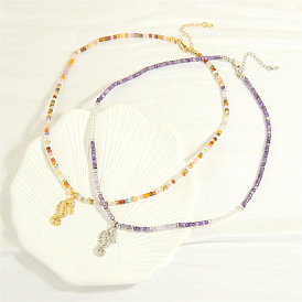 Colorful Semi-Precious Gemstone Handmade Beaded Necklace - Cute Seahorse Pendant, Gold, Diamond Inlay.