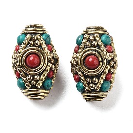 Handmade Tibetan Style Beads, with Brass Findings and Synthetic Turquoise, Barrel