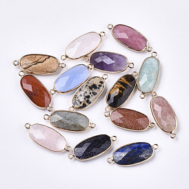 5Pcs 5 Style Natural Gemstone Links Connectors, with Light Gold Plated Edge Brass Loops, Oval, Faceted