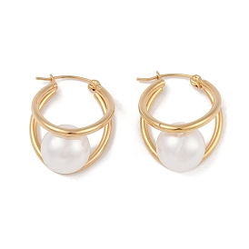 PVD Vacuum Plating 201 Stainless Steel Teardrop Hoop Earrings, with Plastic Imitation Pearl Beads, 304 Stainless Steel Pin