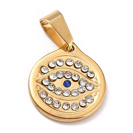 304 Stainless Steel Pendants, with Rhinestone and 201 Stainless Steel Bails, Flat Round with Eye