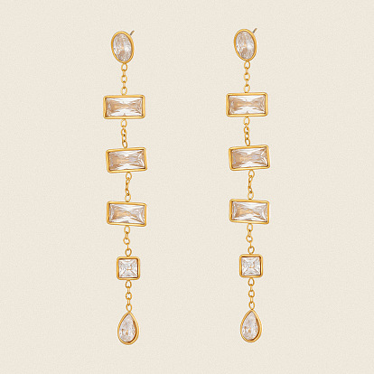 Boucles d'oreilles pendantes en acier inoxydable et zircon cubique pour femmes, rectangle, carré et larme