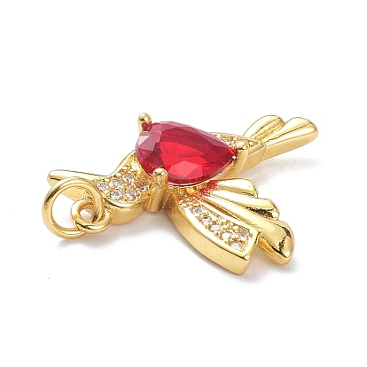 Brass Micro Pave Dark Red Cubic Zirconia Pendants, with Jump Ring, Long-Lasting Plated, Bird