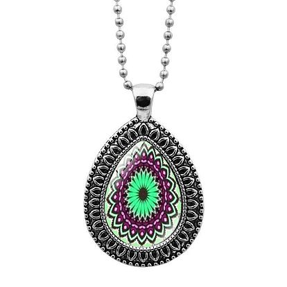 Larme de verre avec collier pendentif fleur de mandala avec chaînes à boules, bijoux en alliage de platine pour femmes