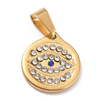 304 Stainless Steel Pendants, with Rhinestone and 201 Stainless Steel Bails, Flat Round with Eye