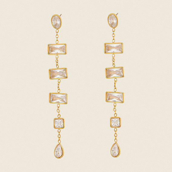 304 Stainless Steel Cubic Zirconia Stud Dangle Earrings for Women, Rectangle & Square & Teardrop