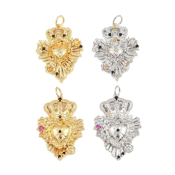 Brass Micro Pave Cubic Zirconia Pendants, Sacred Heart with Crown Charms, Rack Plating, Long-Lasting Plated, Lead Free & Cadmium Free