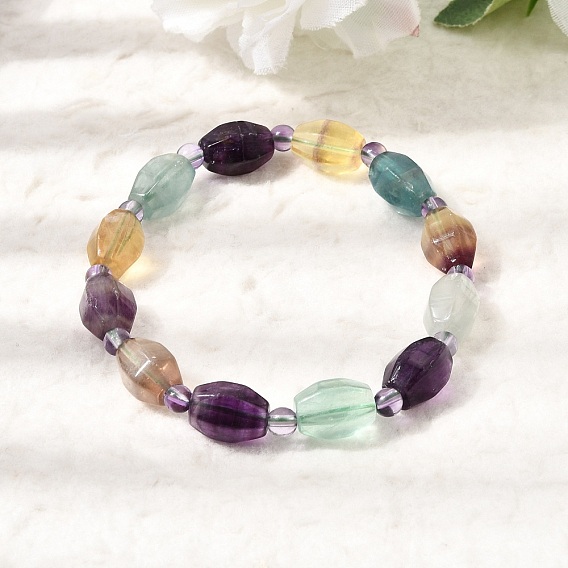 Natural Rainbow Fluorite Faceted Lantern Beaded Stretch Bracelets with Seed Beads for Women