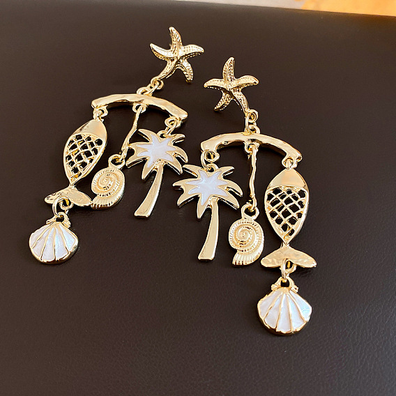 Boucles d'oreilles chandelier en acier inoxydable émaillé, poisson avec arbre, or