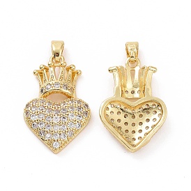 Brass Micro Pave Cubic Zirconia Pendants, Heart with Crown Charms