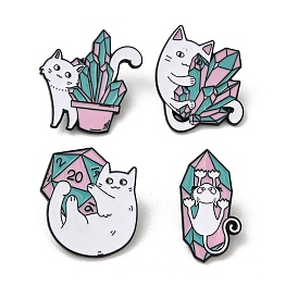 Cat & Crystal Cluster Theme Enamel Pins, Black Alloy Badge for Backpack Clothes