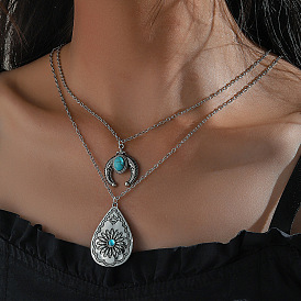 Retro Geometric Turquoise Water Drop Carved Necklace Personality Double Pendant Jewelry