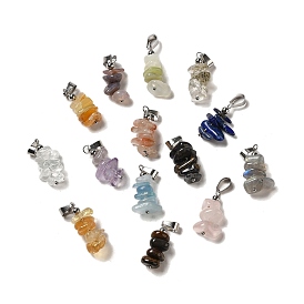 Natural Gemstone Chip Pendants, Lucky Charms with Stainless Steel Color Plated Stainless Steel Snap on Bails