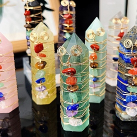 Wire Wrapped Tower Natural Gemstone Healing Stone Wands, with Natural Gemstone Chip, for Reiki Chakra Meditation Therapy Decos, Hexagon Prism