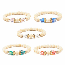 Natural Wood  Round Beaded Stretch Bracelet with Teardrop Glass, Yoga Jewelry for Women