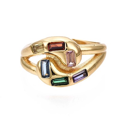 Brass Micro Pave Cubic Zirconia Cuff Rings, Open Rings, Rectangle, Cadmium Free & Nickel Free & Lead Free, Colorful