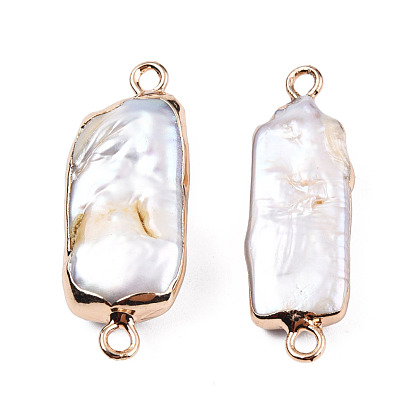 Electroplate Natural Baroque Pearl Keshi Pearl Connector Charms, Cultured Freshwater Pearl, with Iron Findings, Rectangle