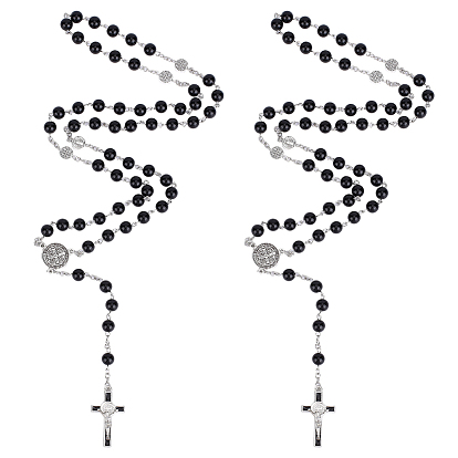 2 шт. кулон из цинкового сплава с крестом Иисуса, черные акриловые жемчужины, круглые четки, ожерелья для женщин и мужчин