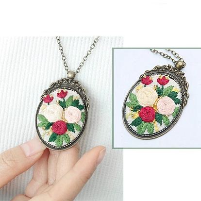 DIY Embroidery Oval with Flower Pattern Pendant Necklace Kits, Including Embroidery Cloth & Thread, Needle, Embroidery Hoop