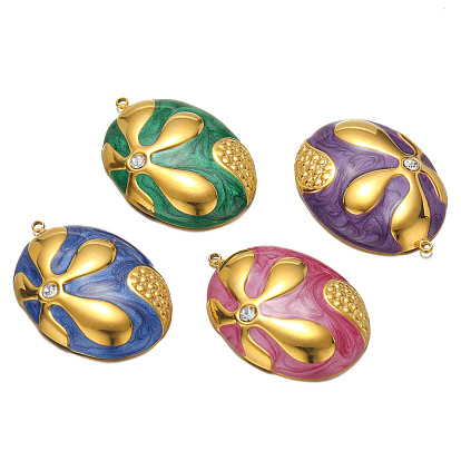 Stainless Steel Rhinestones Pendants, with Enamel, Golden, Oval with Flower Charm