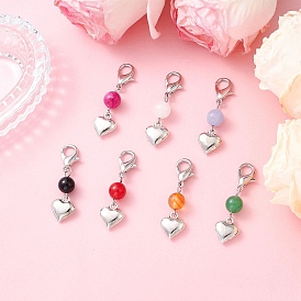 7Pcs Chakra Round Natural White Jade & Carnelian & Dyed Malaysia Jade & Black Onyx & Green Aventurine & Quartz Pendant Decorations, with Alloy Heart Charms and Lobster Claw Clasps
