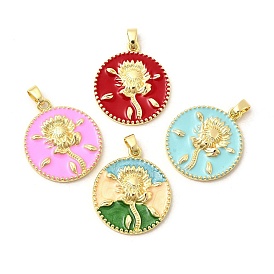 Латунь эмаль подвески, плоские круглые с цветком, без свинца и без кадмия, долговечный, стойки покрытие, реальный 18 k позолоченный