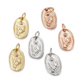 Brass Clear Cubic Zirconia Charms, with Jump Ring, Long-Lasting Plated, Lead Free & Cadmium Free, Oval with Hand Pattern