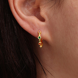 S925 Sterling Silver Flat Round Hoop Earrings, with Cubic Zirconia, Golden