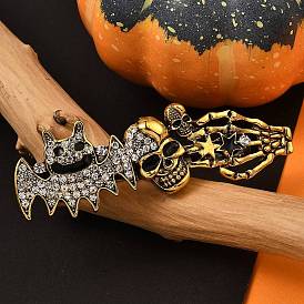 Tibetan Style Alloy Rhinestone Hair Barrettes, Skull & Bat