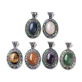Natuarl Gemstone Pendants, with Antique Silver Tone Alloy Findings and Enamel, Oval
