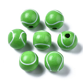 Painted Natural Wood European Beads, Large Hole Beads, Printed, Baseball