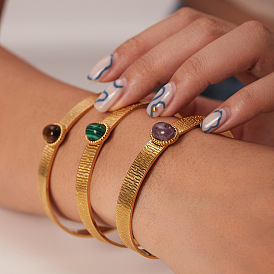 Bracelet en acier inoxydable avec or blanc et oeil de tigre/pierre de paon/agate violette - bijoux polyvalents pour femmes