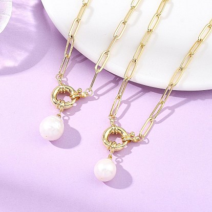 Natural Baroque Pearl Keshi Pearl Oval Pendant Brass Paperclip Chains Necklaces for Women, White