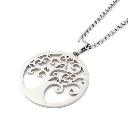 201 Stainless Steel Box Chain Tree of Life Pendant Necklaces for Women Men