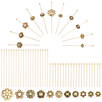 DIY Jewelry Making Finding Kits, including 192Pcs Brass Ball Head Pins and 192Pcs Alloy Bead Caps