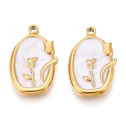 304 подвески из нержавеющей стали, с эмалью, овал с цветочной подвеской, реальный 18 k позолоченный, ионное покрытие (ip)