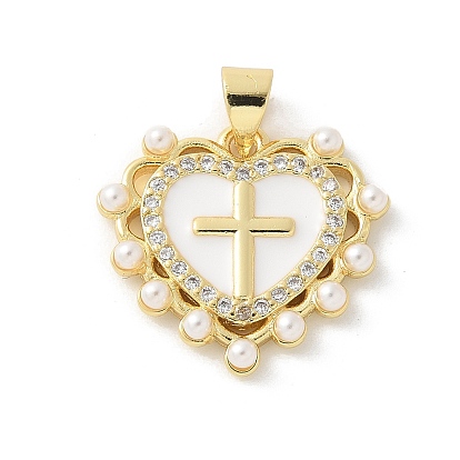 Латунные микропаве прозрачные подвески с фианитом, сердце с крестом, с имитацией жемчуга из АБС и эмалью, стойки покрытие, без кадмия и без свинца, долговечный