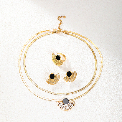 Fan Shape Golden Stainless Steel Jewelry Set, Stud Earrings & Adjustable Ring & Herringbone Chains Double Layer Necklace