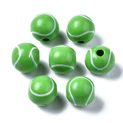 Painted Natural Wood European Beads, Large Hole Beads, Printed, Baseball