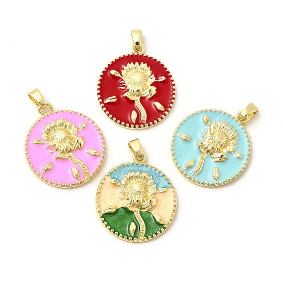 Латунь эмаль подвески, плоские круглые с цветком, без свинца и без кадмия, долговечный, стойки покрытие, реальный 18 k позолоченный