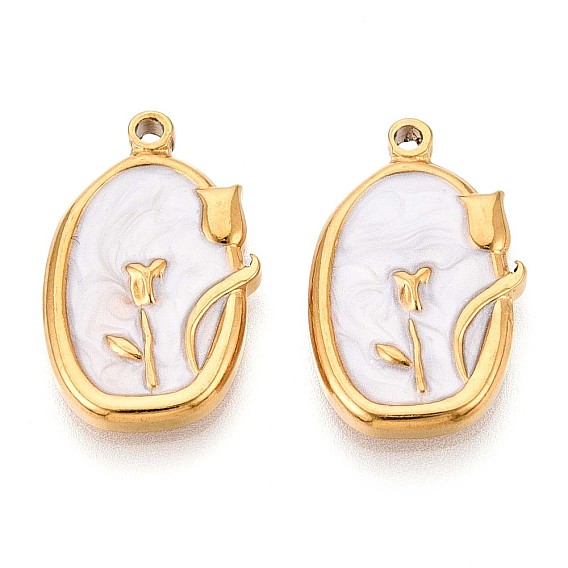 304 подвески из нержавеющей стали, с эмалью, овал с цветочной подвеской, реальный 18 k позолоченный, ионное покрытие (ip)