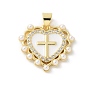 Латунные микропаве прозрачные подвески с фианитом, сердце с крестом, с имитацией жемчуга из АБС и эмалью, стойки покрытие, без кадмия и без свинца, долговечный