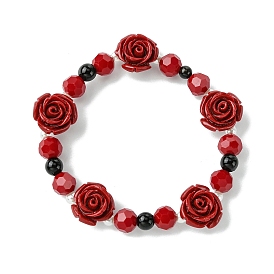 Synthetic Coral Rose Flower & Opaque Glass Beads & ABS Plastic Imitation Pearl Beaded Stretch Bracelets for Women