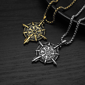 Collares con colgante de brújula vikinga de acero inoxidable vintage para hombre