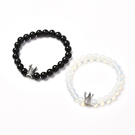 Natural Obsidian & Opalite Stretch Bracelets Sets for Men Women, Alloy Crown Bracelets
