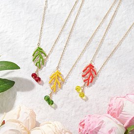 3Pcs 3 Colors Handmade Glass Seed Beaded Leaf Shape Pendants Brass Cable Chain Necklaces for Women, Golden