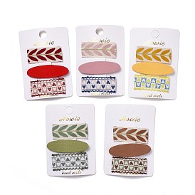 Cloth Snap Hair Clips Set, with Platinum Iron Snap Clips, Rectangle & Oval, with Heart & Leaf Pattern